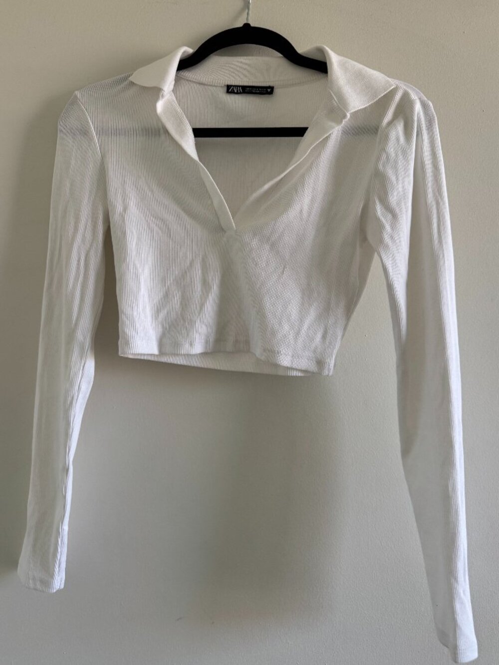 Zara White Ribbed Long Sleeve Polo Crop Top Size Small